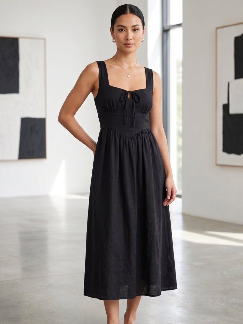 NWT | LUXVEER Black Smocked Back Hidden Zipper Sleeveless Midi Dress Large